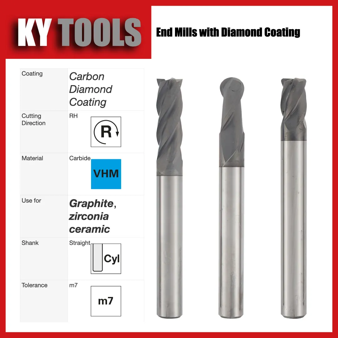 Diamond-coated solid carbide ball nose end mill for graphite